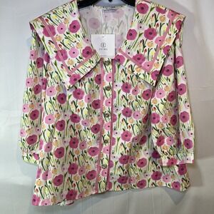 NWT Cicy Bell Women's XL Pink Floral Button Down Shirt Square Neck Bubble Sleeve